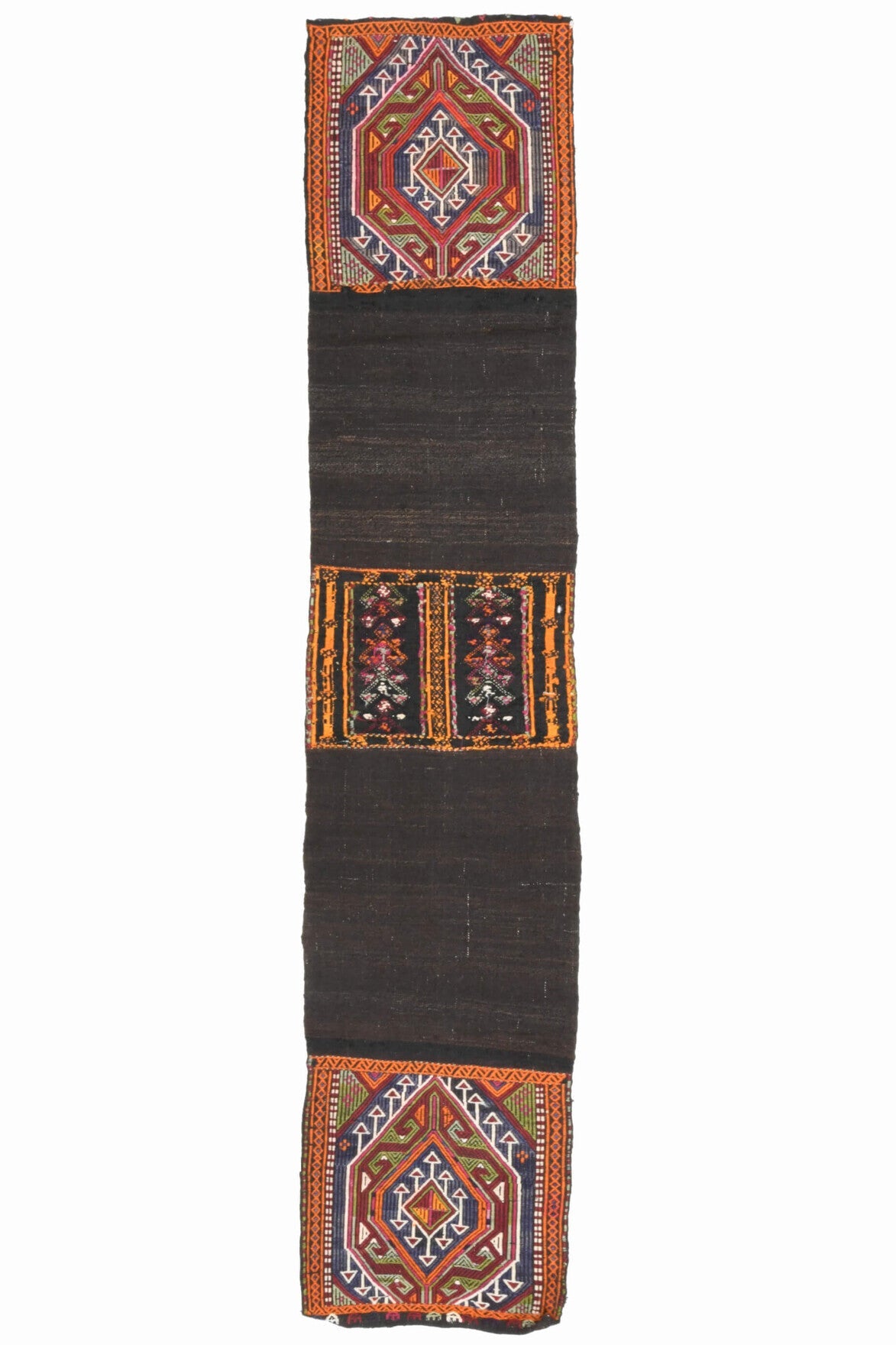 50x241 cm kahverengi, kırmızı ve turuncu oryantal desenli vintage kilim yolluk – üstten tam görünüm