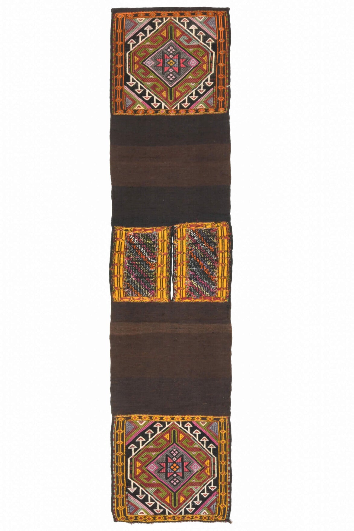 52x226 cm kahverengi, kırmızı ve turuncu oryantal desenli vintage kilim yolluk – üstten tam görünüm