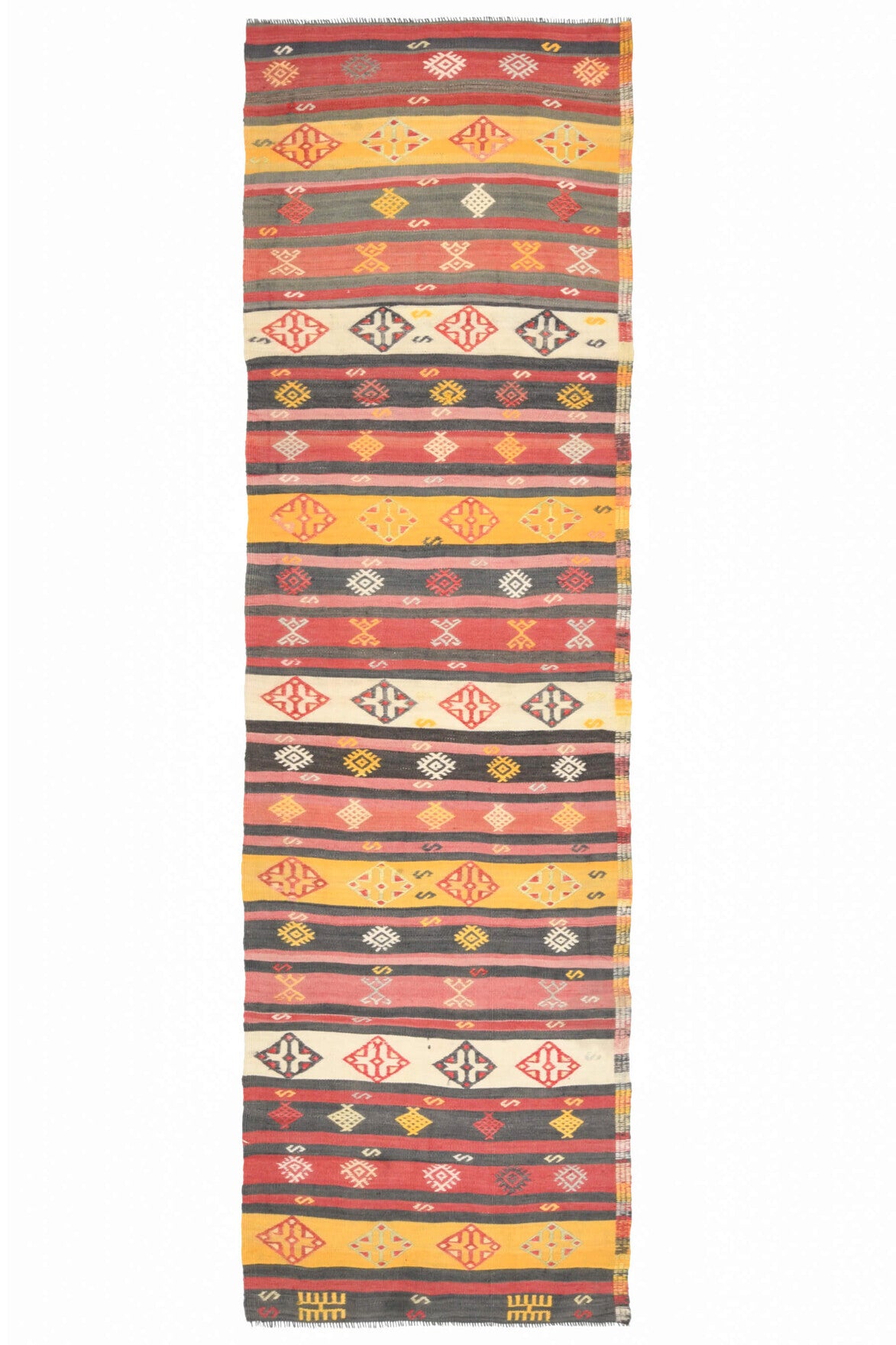 85x284 cm turuncu ve kırmızı oryantal desenli vintage kilim yolluk – üstten tam görünüm