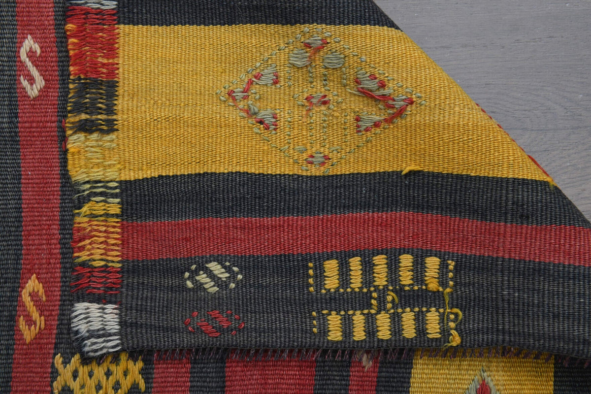 Turuncu ve kırmızı renkli vintage kilim yolluk, %100 yün dokuma