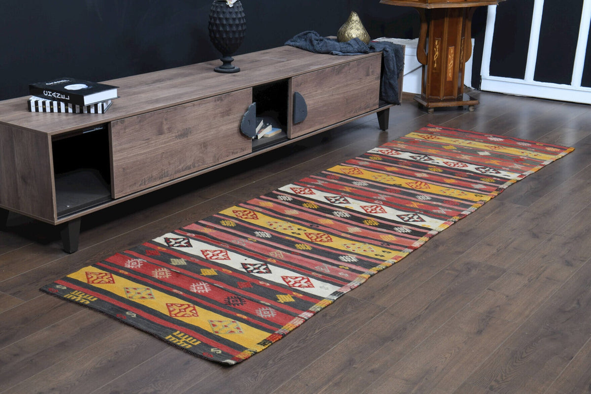 Antre ve koridor için oryantal desenli vintage kilim yolluk – 85x284 cm