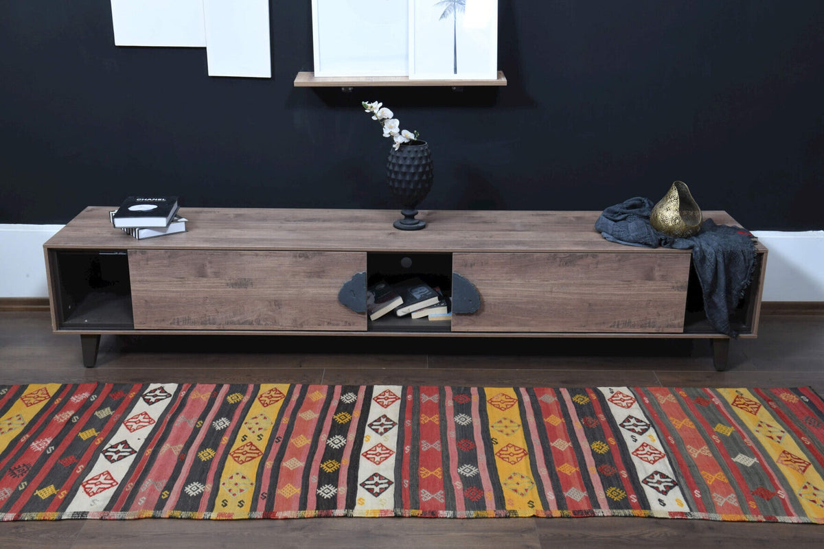 Vintage yolluk 85x284 cm – turuncu ve kırmızı oryantal desenli, el dokuma