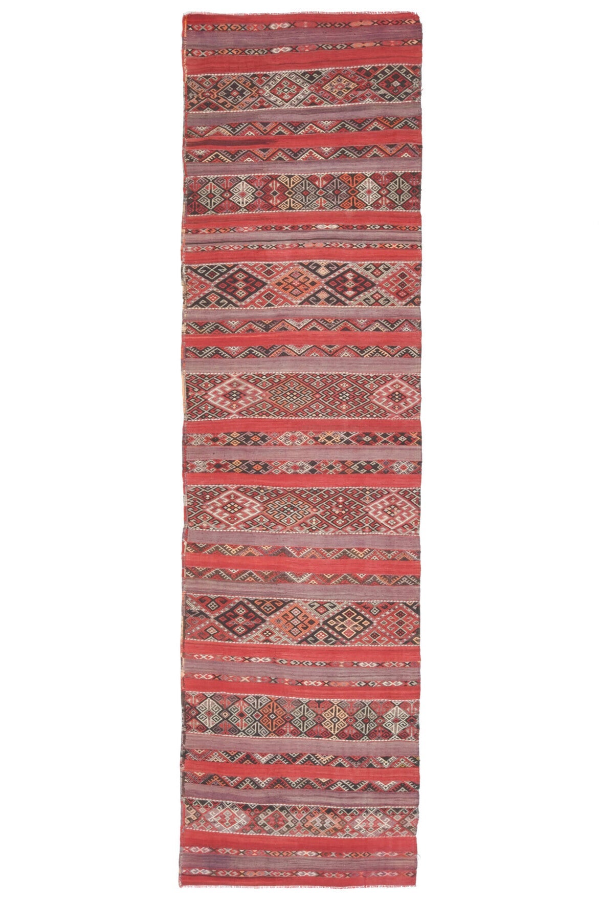 84x309 cm kırmızı ve pembe oryantal desenli vintage kilim yolluk – üstten tam görünüm