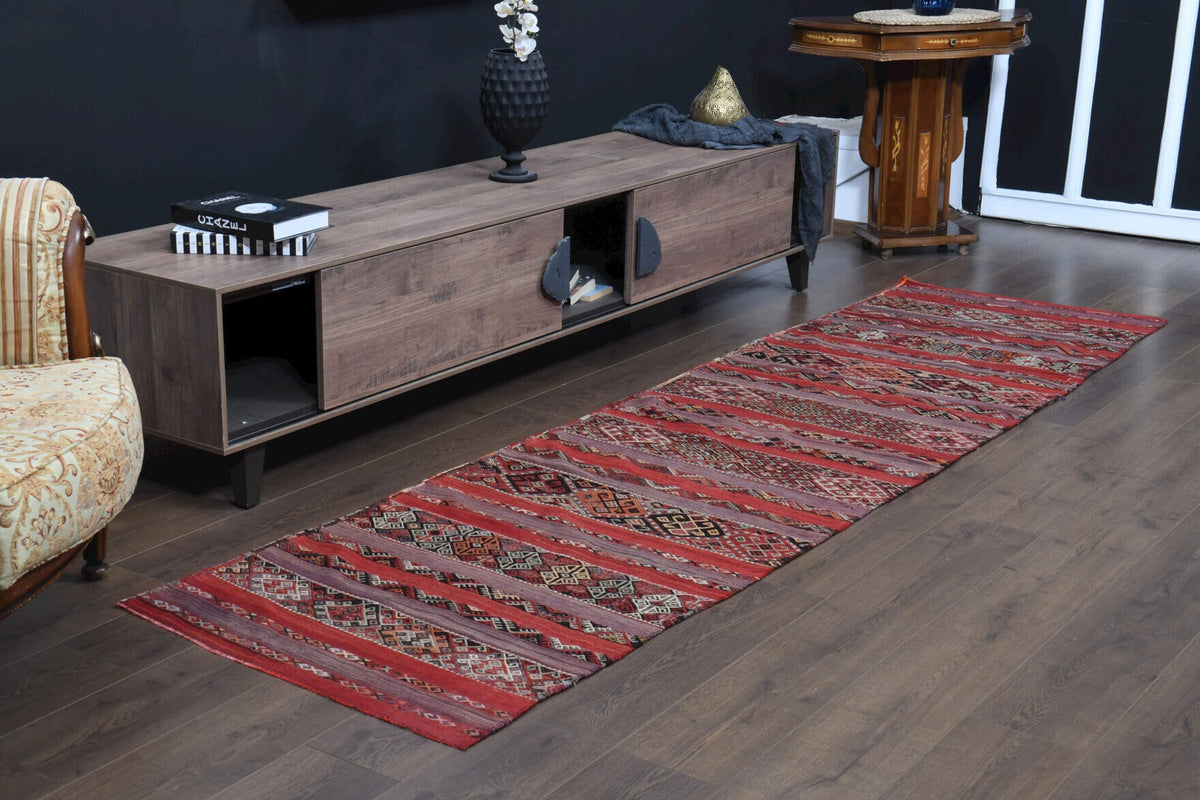 Antre ve koridor için oryantal desenli vintage kilim yolluk – 84x309 cm