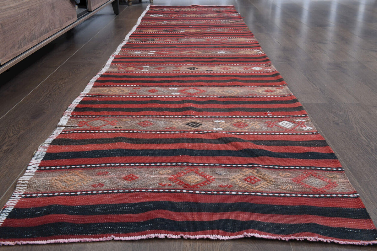 El yapımı vintage yolluk 76x315 cm oryantal desenli yün - yakın çekim doku detayı