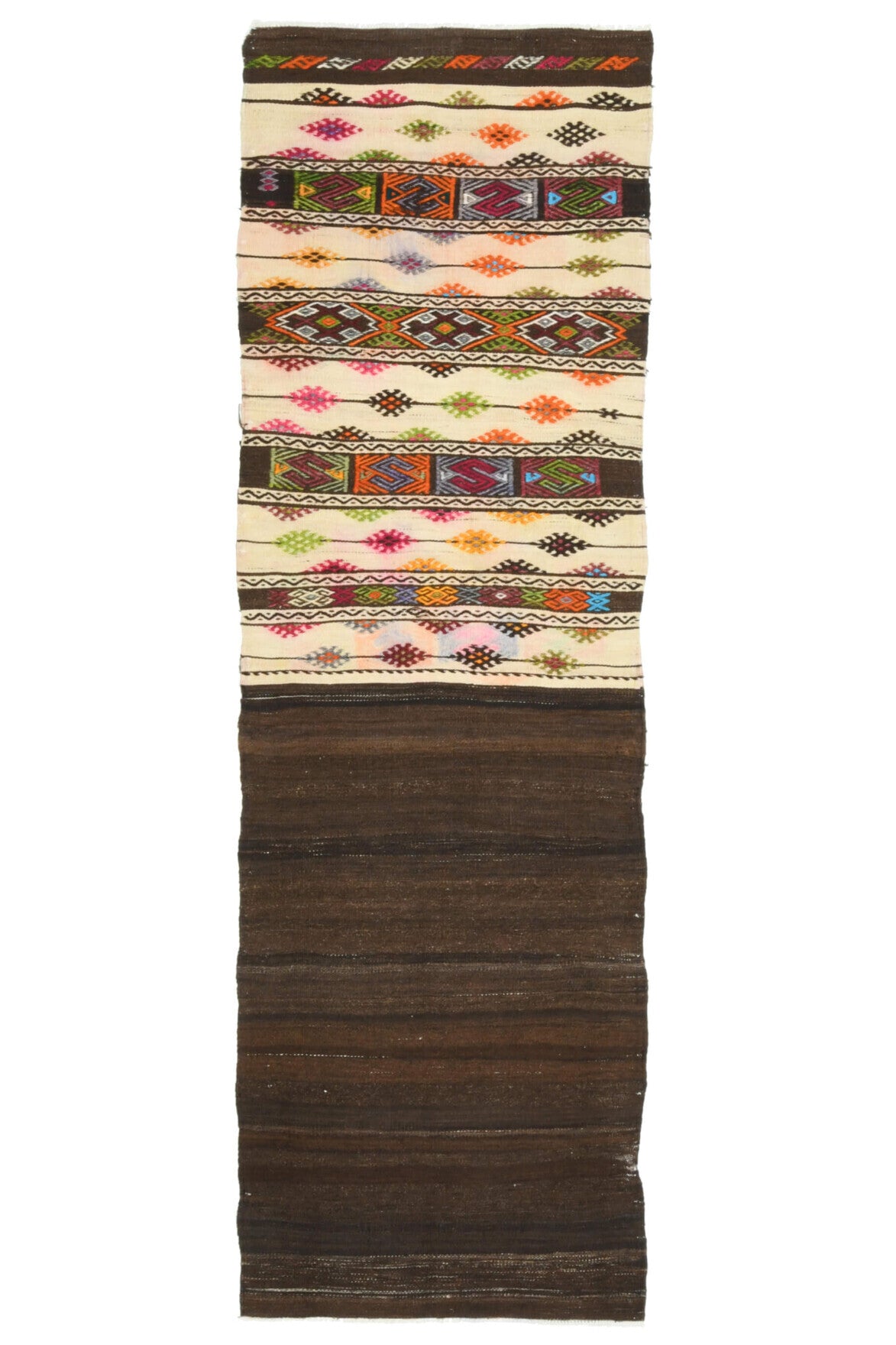 65x210 cm kahverengi ve turuncu oryantal desenli vintage kilim yolluk – üstten tam görünüm