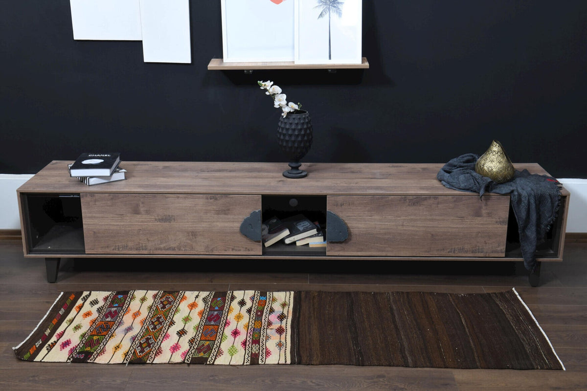 65x210 cm kahverengi ve turuncu oryantal desenli vintage kilim yolluk – üstten tam görünüm – görsel 13