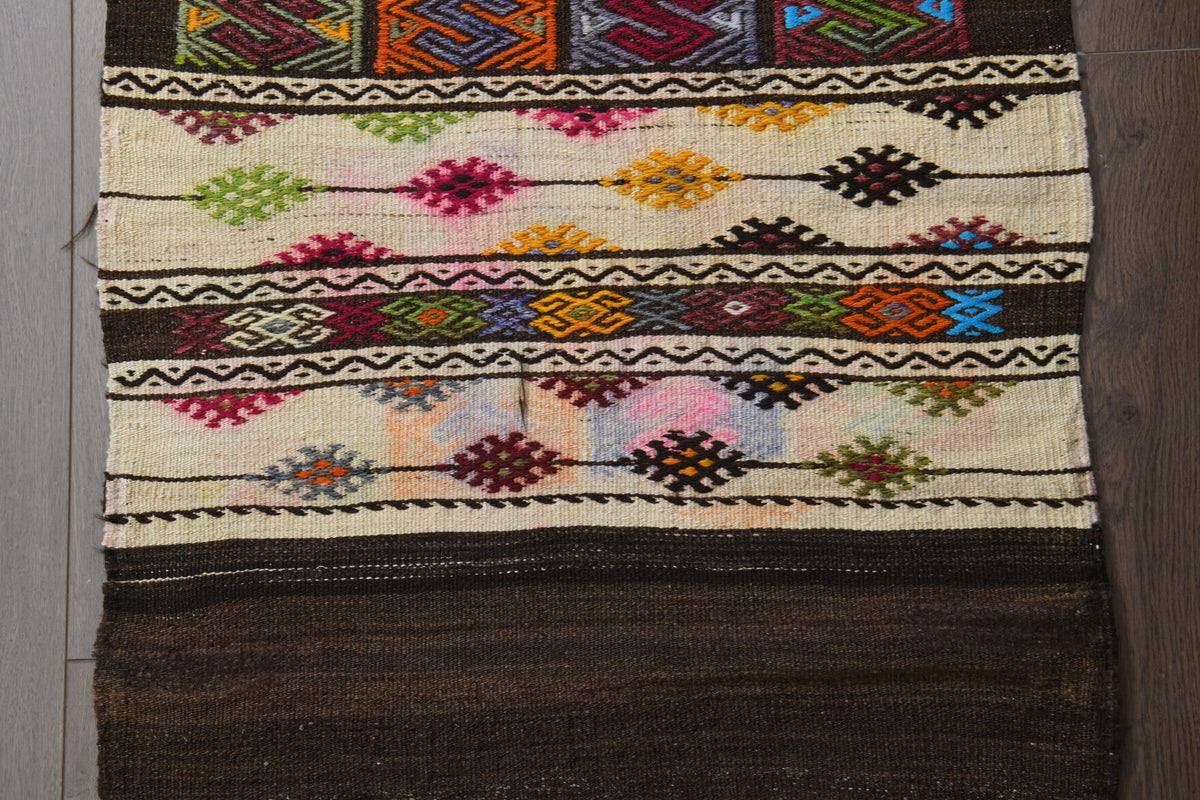 Kahverengi ve turuncu renkli vintage kilim yolluk, %100 yün dokuma – görsel 17