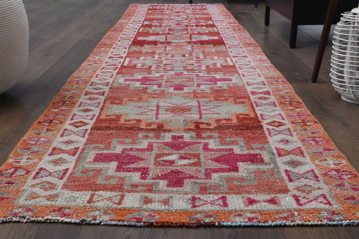 Kahverengi ve turuncu renkli vintage kilim yolluk, %100 yün dokuma