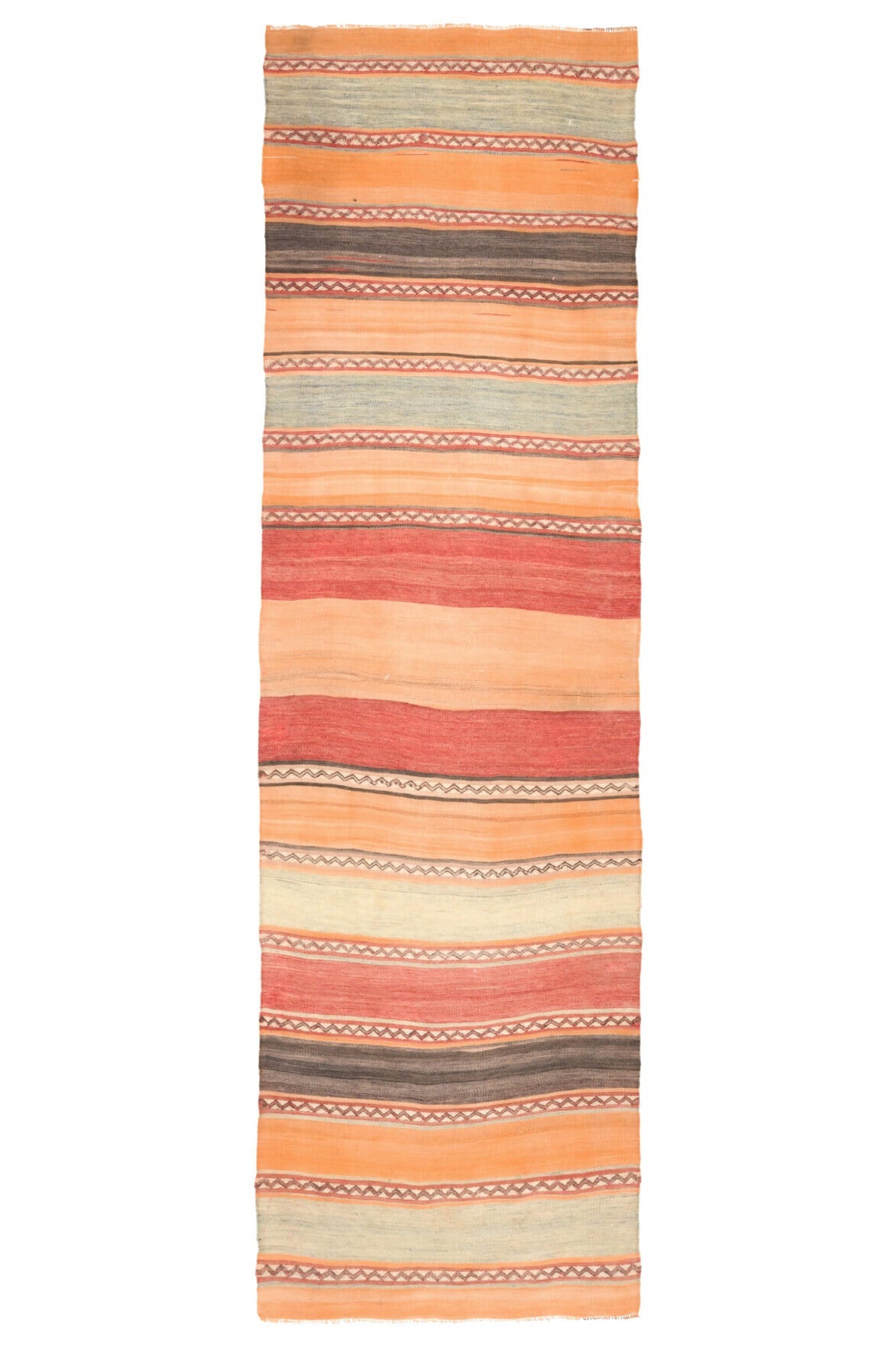 83x284 cm turuncu ve kırmızı oryantal desenli vintage kilim yolluk – üstten tam görünüm