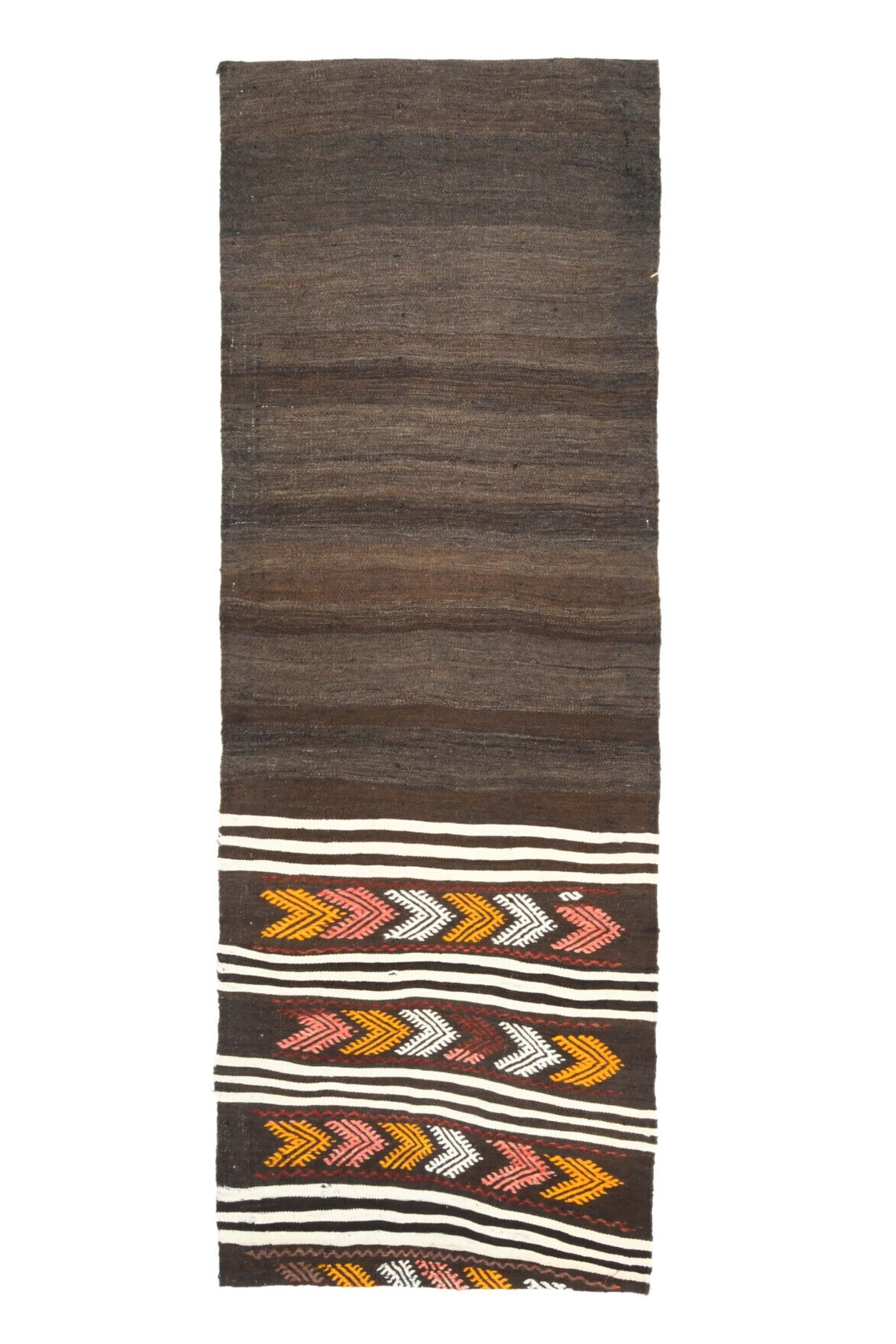 75x222 cm kahverengi oryantal desenli vintage kilim yolluk – üstten tam görünüm