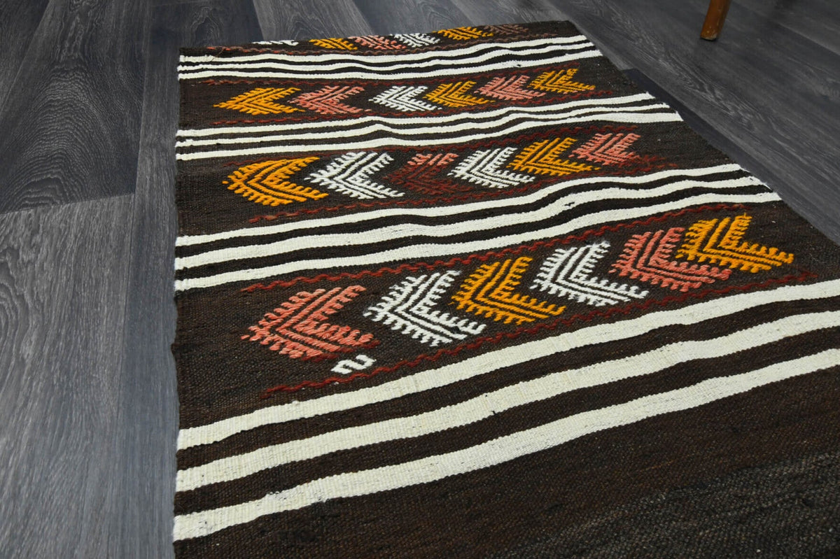 Kahverengi renkli vintage kilim yolluk, %100 yün dokuma