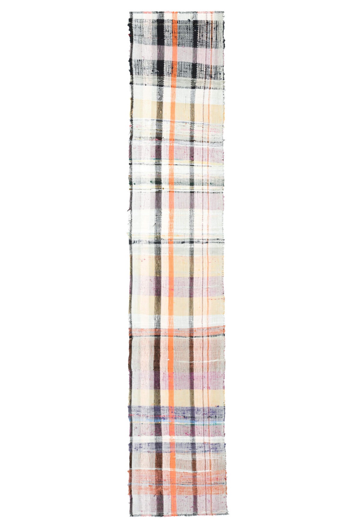 57x303 cm turuncu, beyaz ve gri oryantal desenli vintage kilim yolluk – üstten tam görünüm