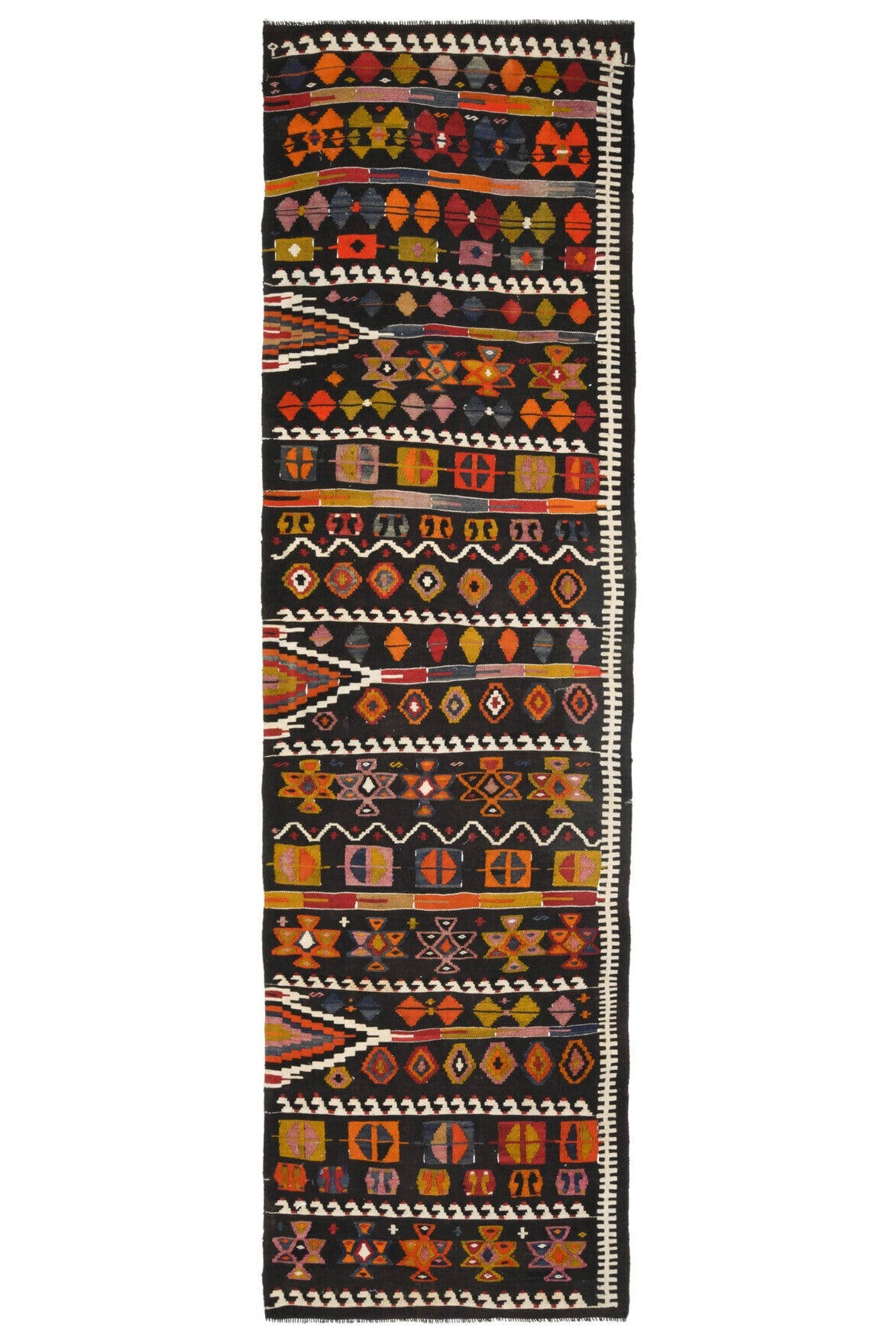 100x351 cm kahverengi, siyah ve kırmızı oryantal desenli vintage kilim yolluk – üstten tam görünüm