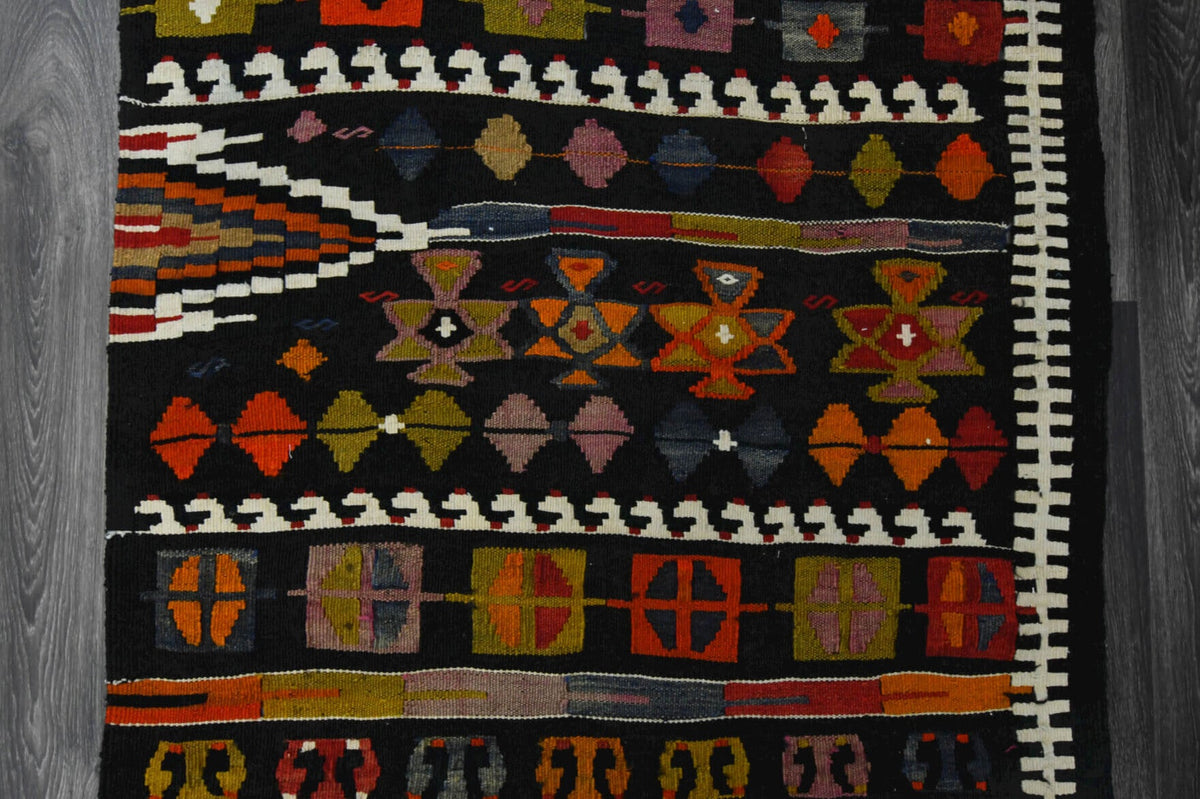 Antre ve koridor için oryantal desenli vintage kilim yolluk – 100x351 cm