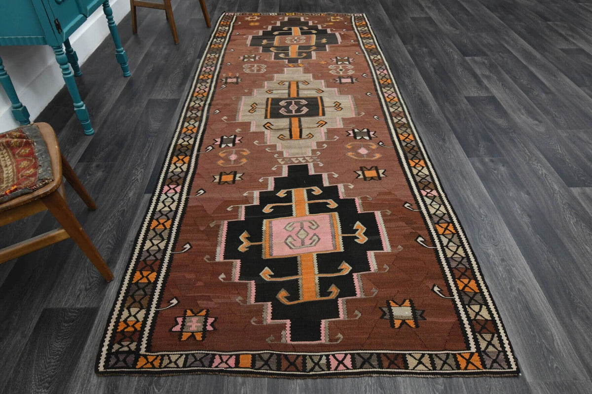 El yapımı vintage yolluk 137x338 cm i̇kat desenli yün - detay görünümü