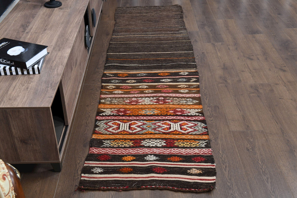 1960'lardan Anadolu kökenli çizgili vintage kilim yolluk, 72x258 cm