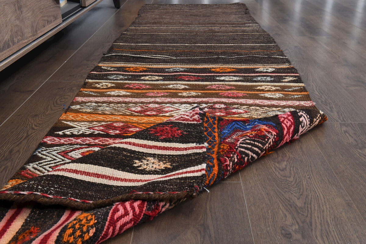 Kahverengi ve turuncu renkli vintage kilim yolluk, %100 yün dokuma
