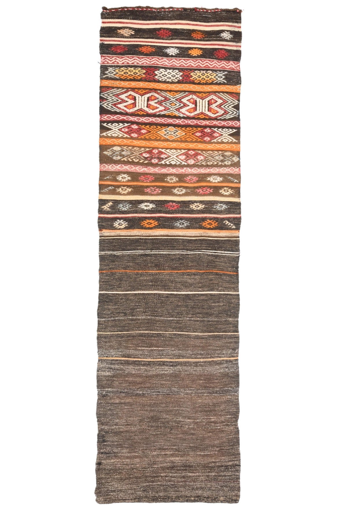 72x258 cm kahverengi ve turuncu çizgili vintage kilim yolluk – üstten tam görünüm