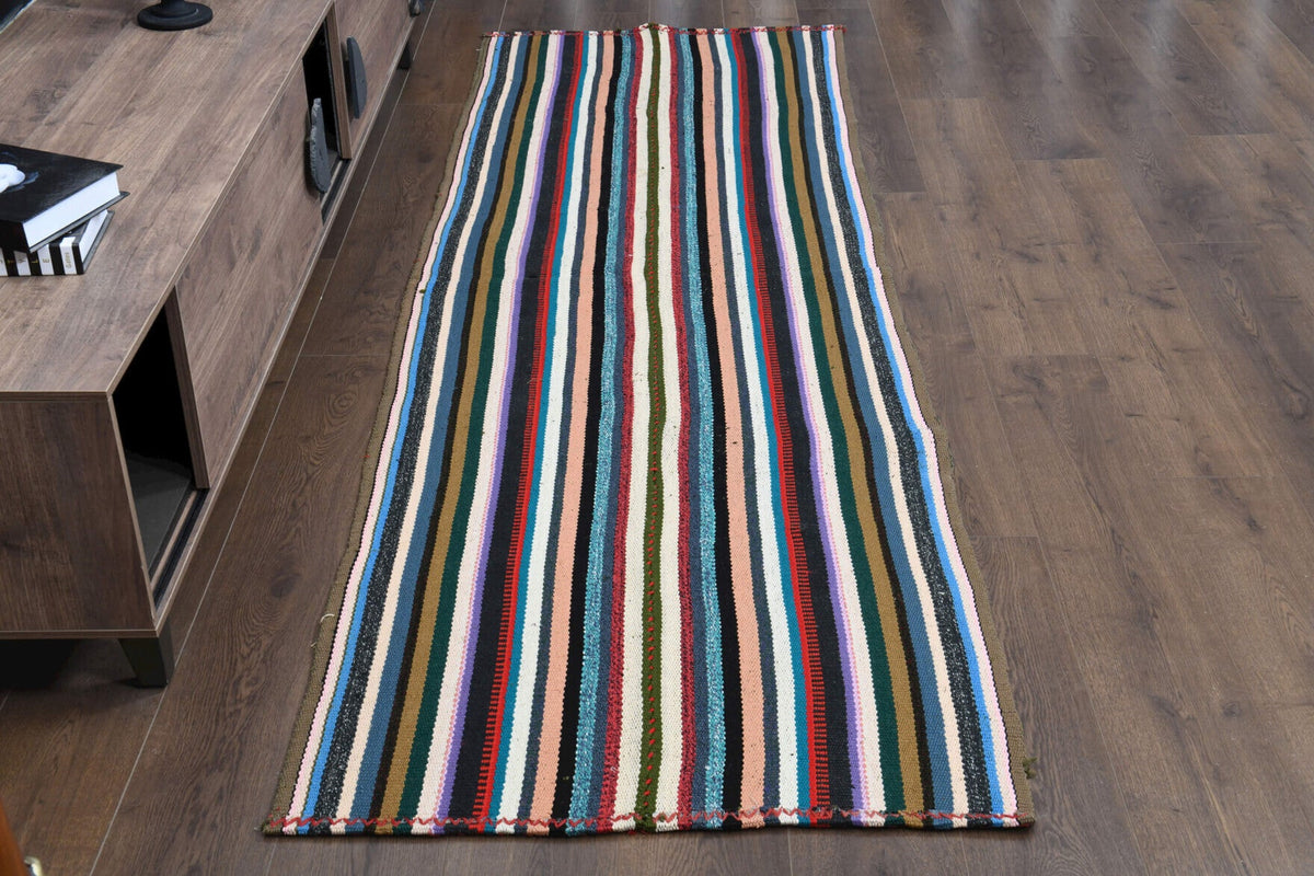 1960'lardan Anadolu kökenli çizgili vintage kilim yolluk, 90x277 cm