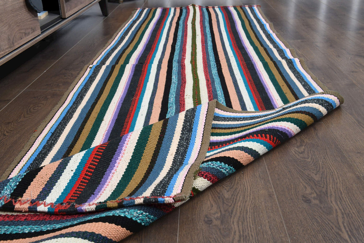 Mavi, turuncu ve beyaz renkli vintage kilim yolluk, %100 yün dokuma