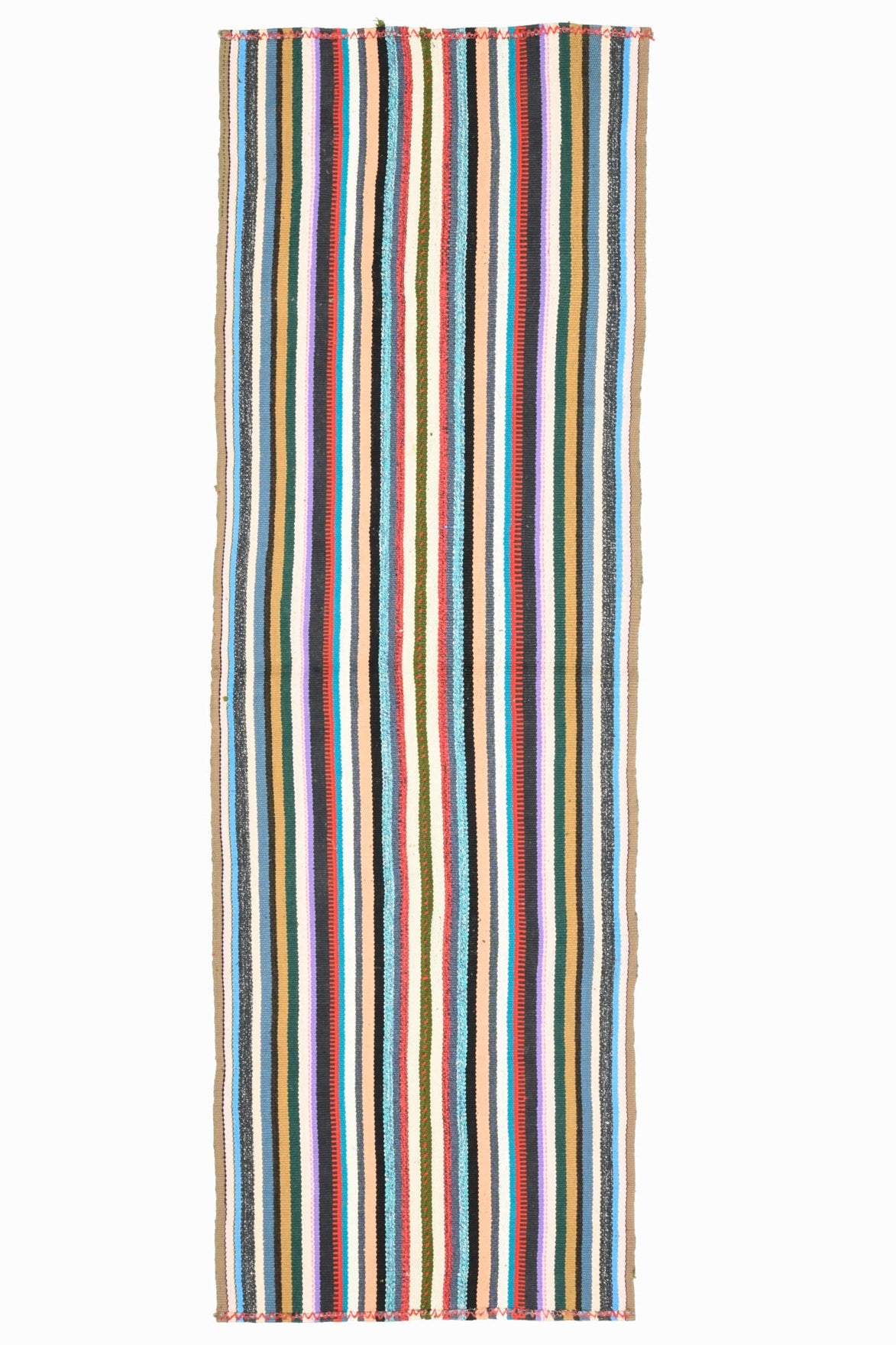 90x277 cm mavi, turuncu ve beyaz çizgili vintage kilim yolluk – üstten tam görünüm