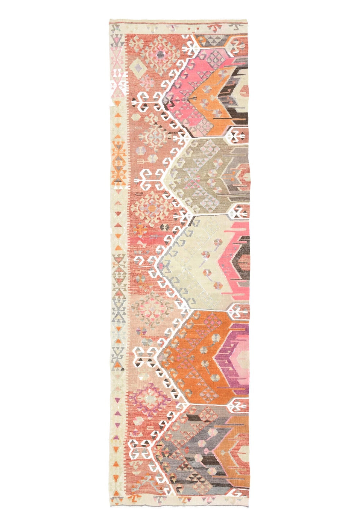 80x282 cm turuncu, bej ve pembe oryantal desenli vintage kilim yolluk – üstten tam görünüm