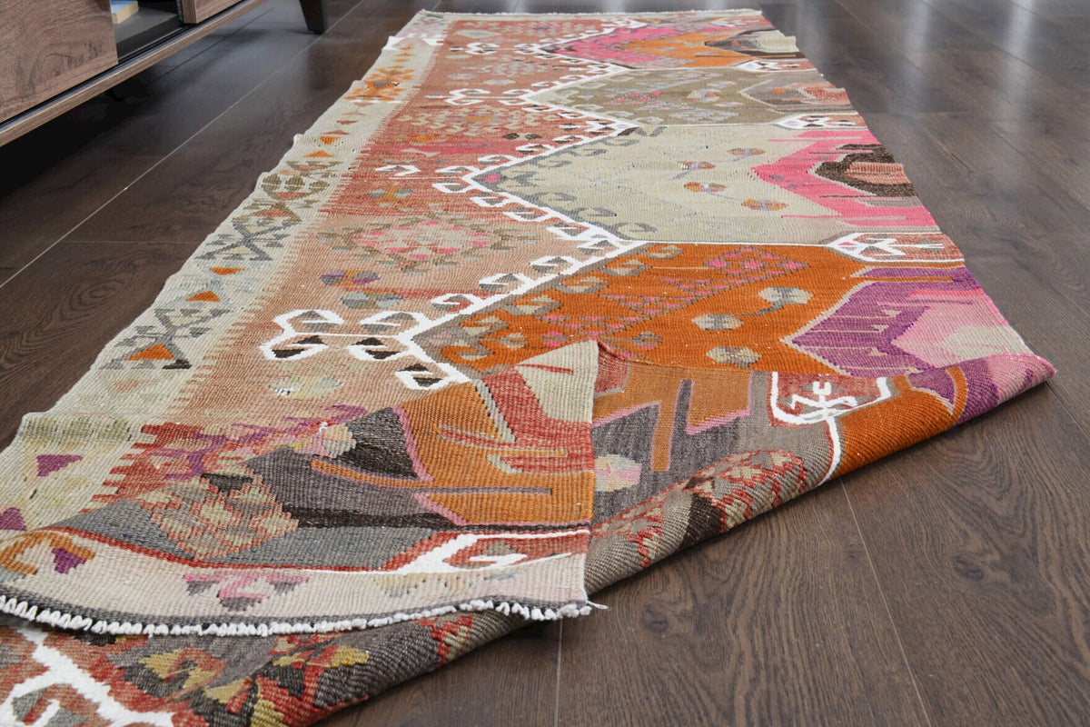 Turuncu, bej ve pembe renkli vintage kilim yolluk, %100 yün dokuma