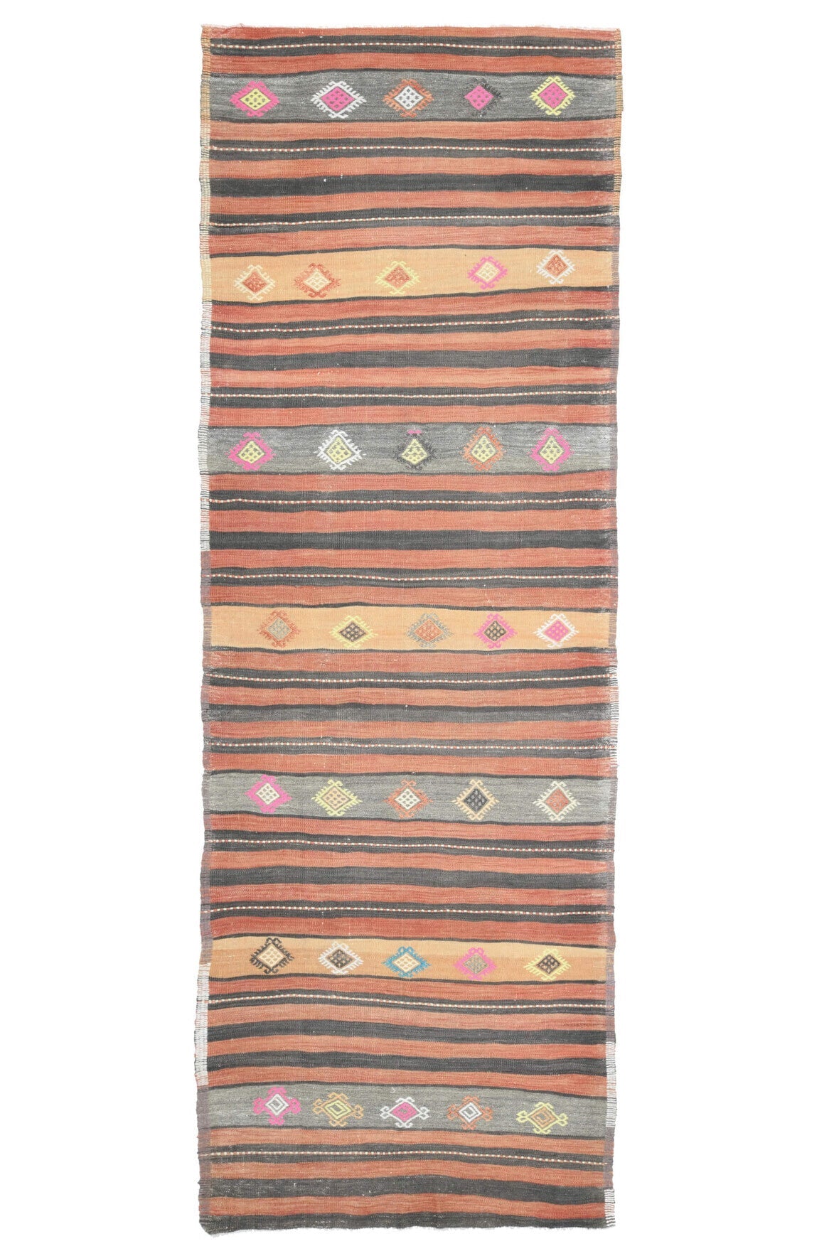 125x376 cm turuncu ve kahverengi çizgili vintage kilim yolluk – üstten tam görünüm