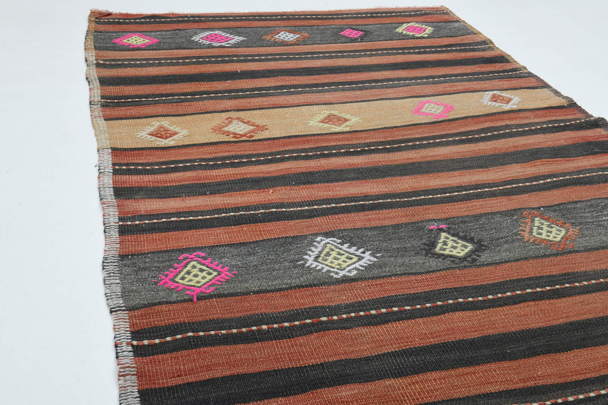 Turuncu ve kahverengi renkli vintage kilim yolluk, %100 yün dokuma