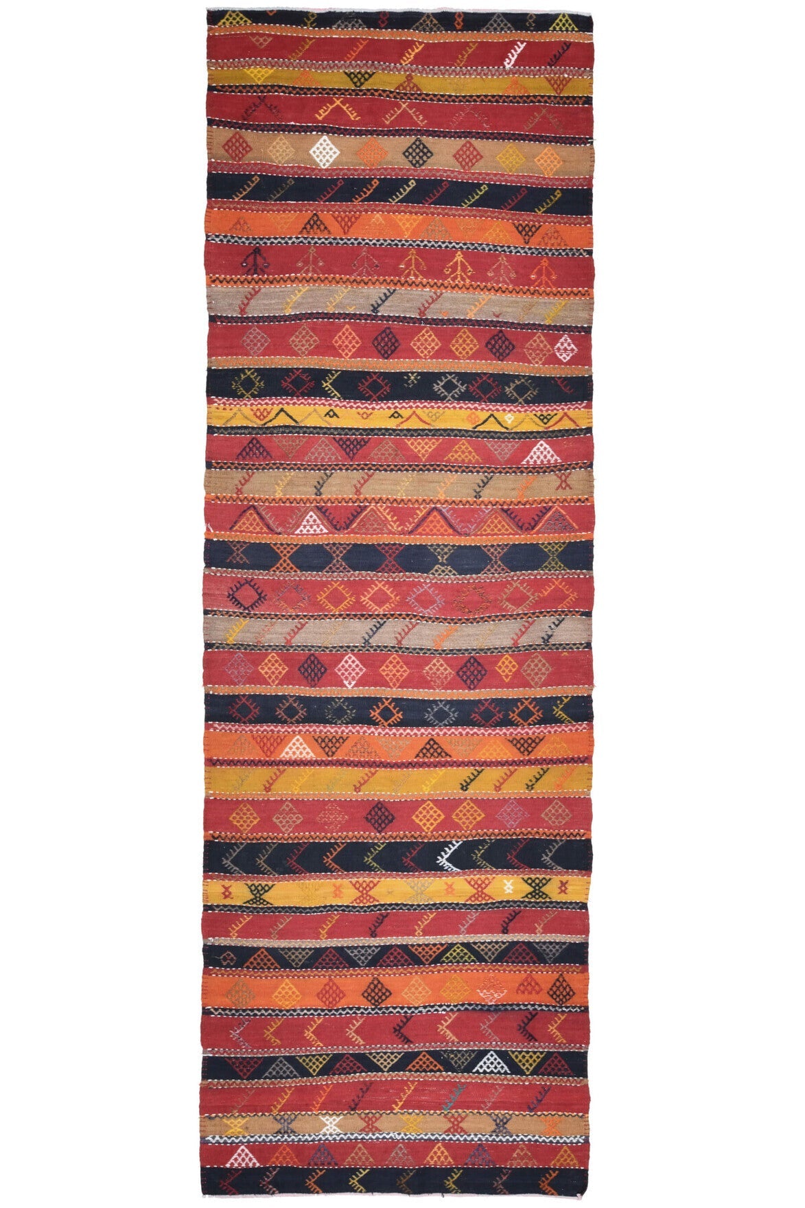 124x382 cm kırmızı ve turuncu çizgili vintage kilim yolluk – üstten tam görünüm
