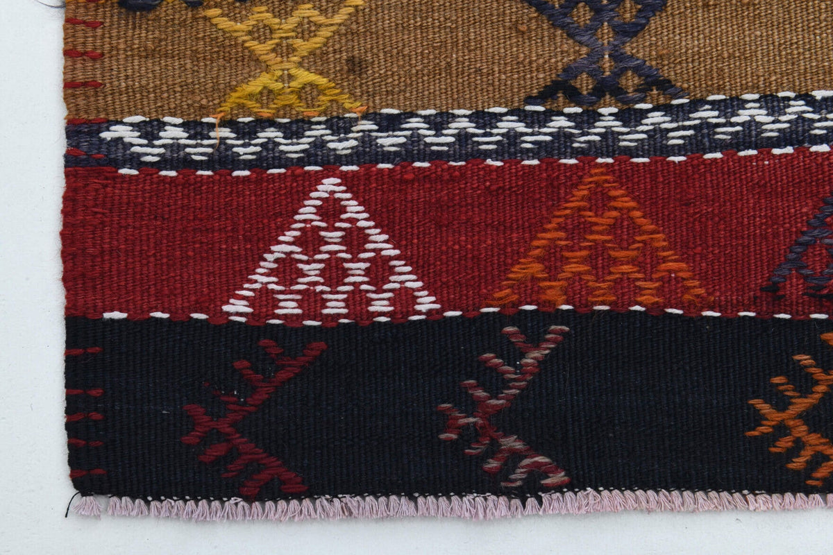 Kırmızı ve turuncu renkli vintage kilim yolluk, %100 yün dokuma
