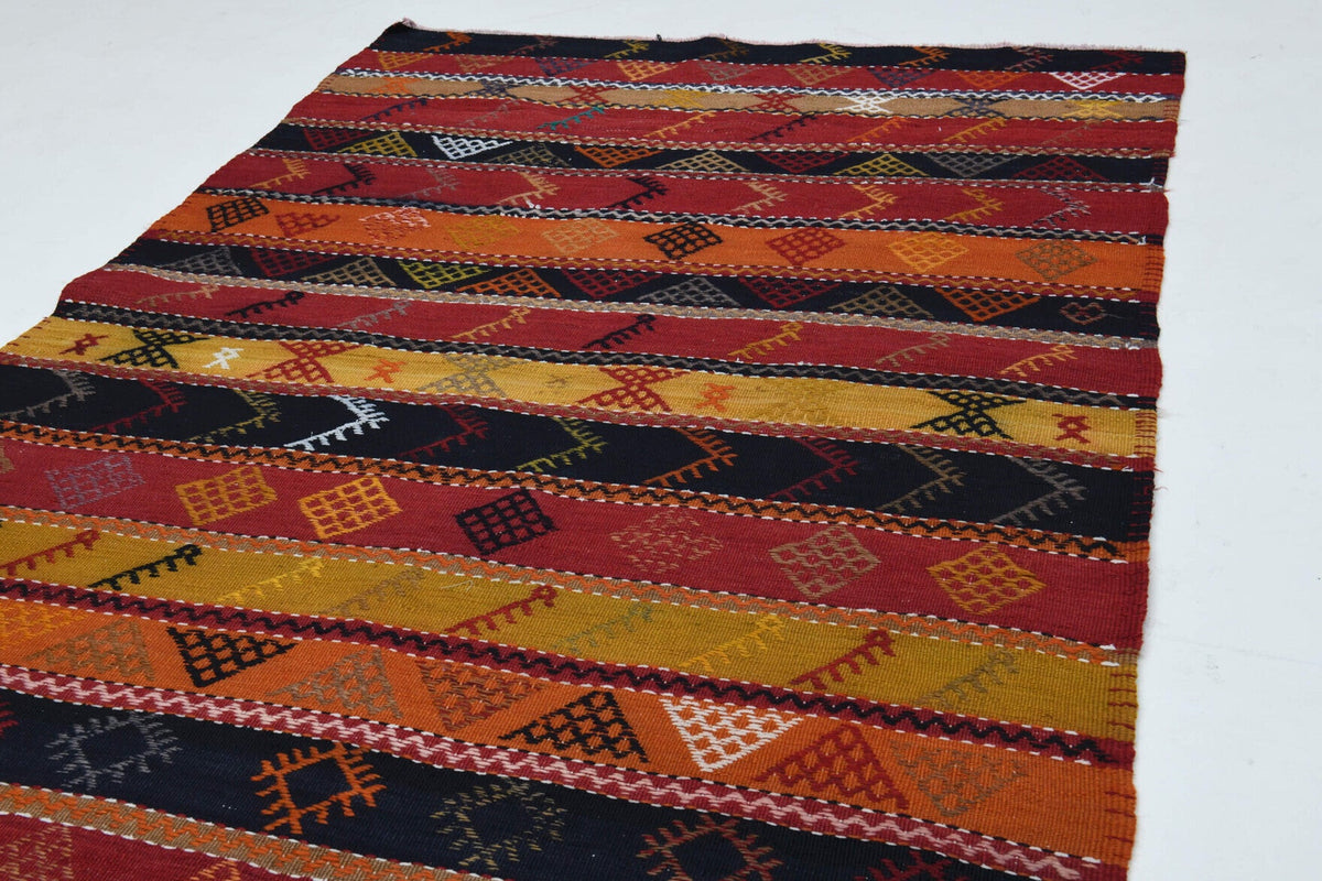 Antre ve koridor için çizgili vintage kilim yolluk – 124x382 cm