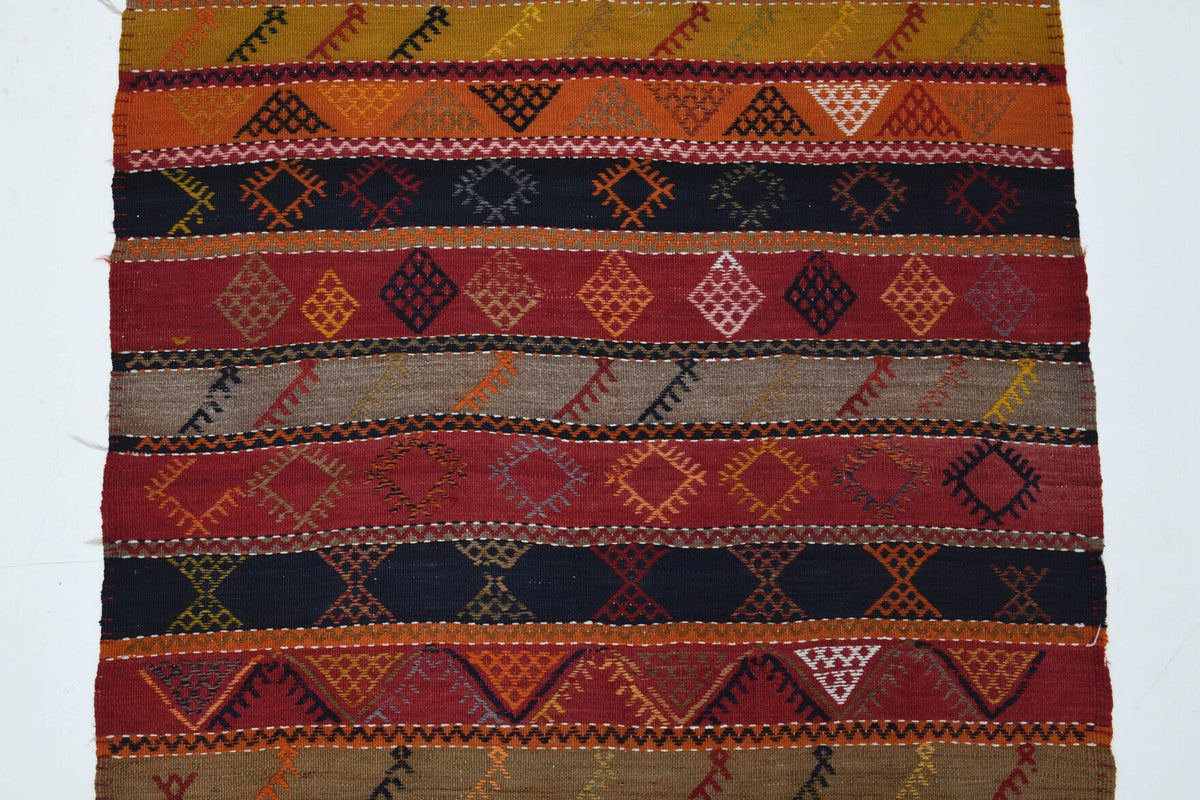 Vintage yolluk 124x382 cm – kırmızı ve turuncu çizgili, el dokuma
