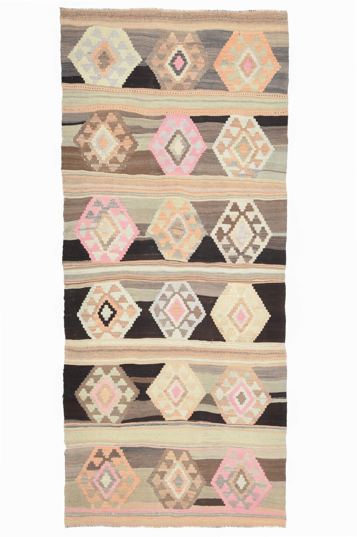 140x322 cm turuncu ve bej geometrik desenli vintage kilim yolluk – üstten tam görünüm