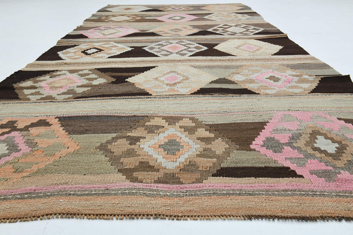 El yapımı vintage yolluk 140x323 cm geometrik desenli yün - yakın çekim doku detayı
