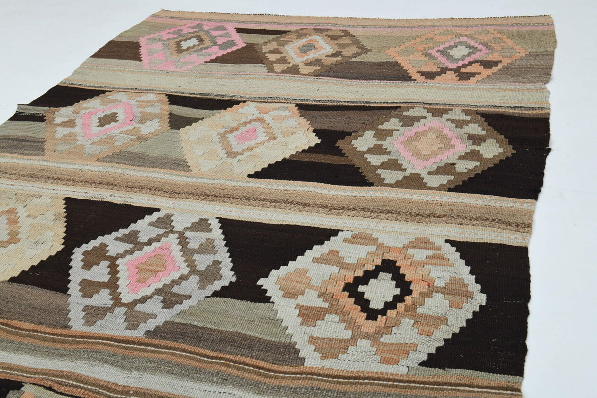 Antre ve koridor için geometrik desenli vintage kilim yolluk – 140x322 cm