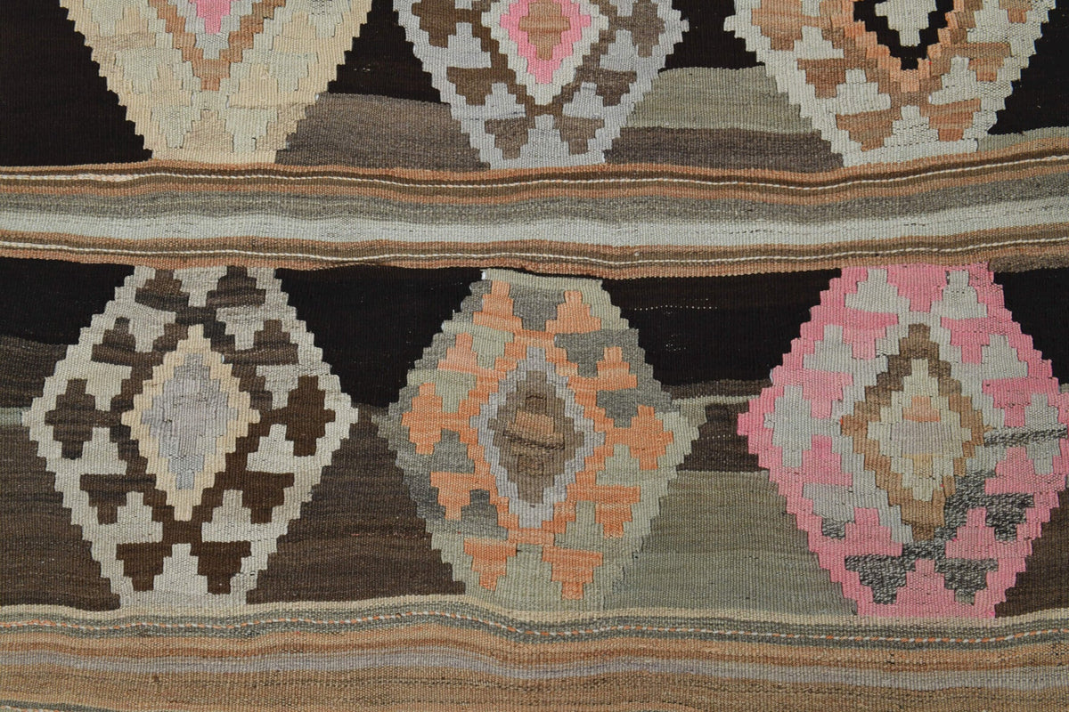 Vintage yolluk 140x322 cm – turuncu ve bej geometrik desenli, el dokuma