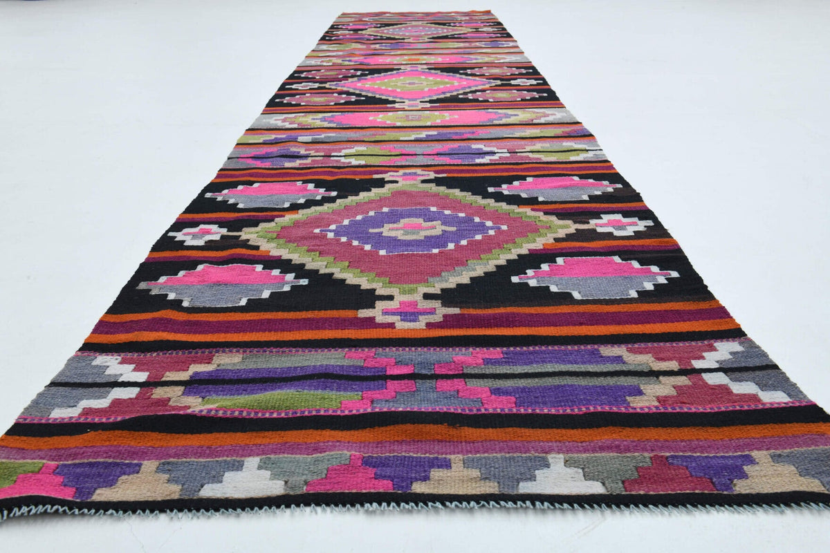 El yapımı vintage yolluk 89x376 cm geometrik desenli yün - yakın çekim doku detayı