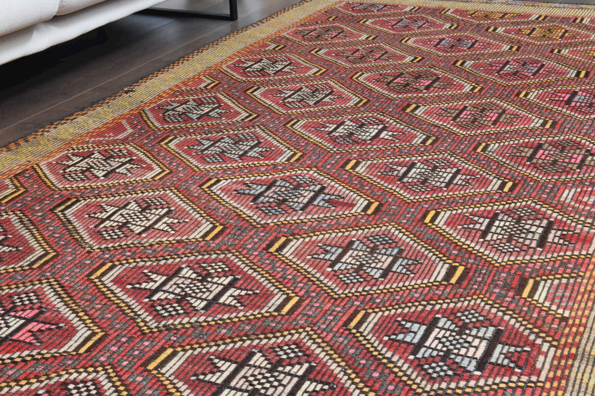 Turuncu, kırmızı ve pembe renkli el dokuma vintage kilim, %100 yün dokuma