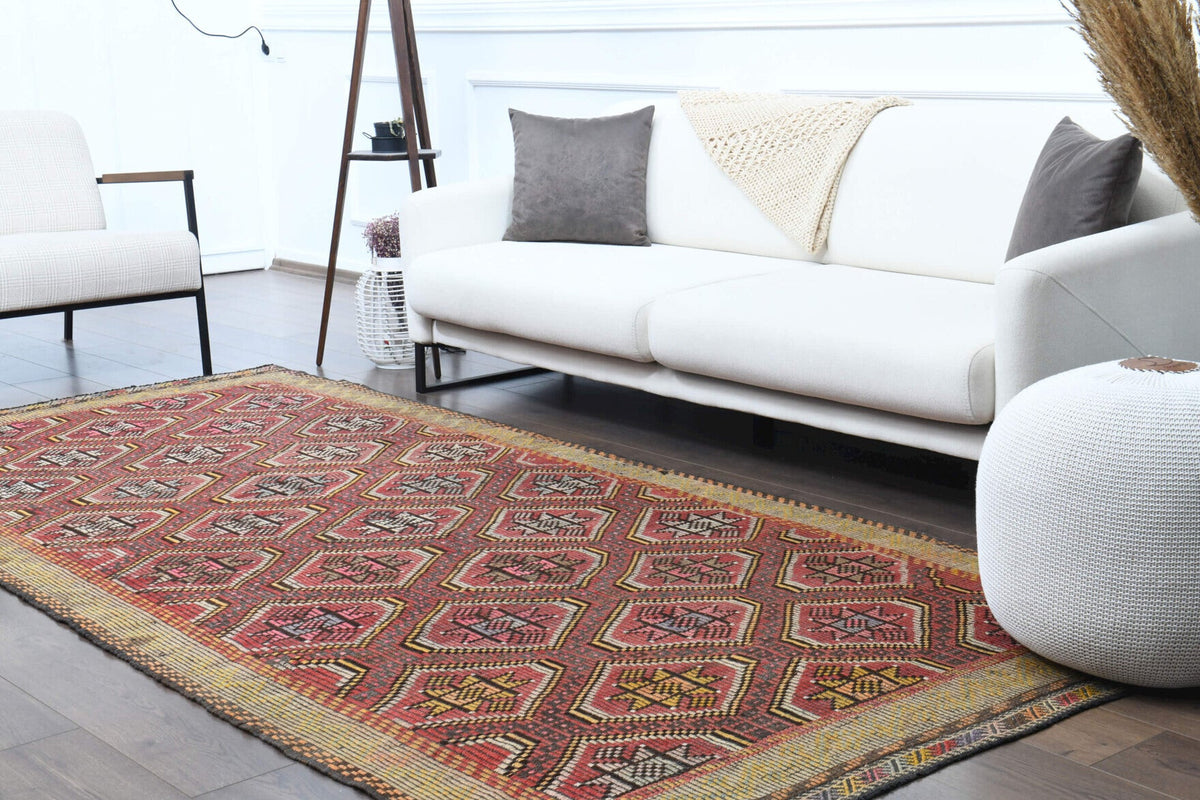 Salon için ikat desenli el dokuma vintage kilim – 148x320 cm