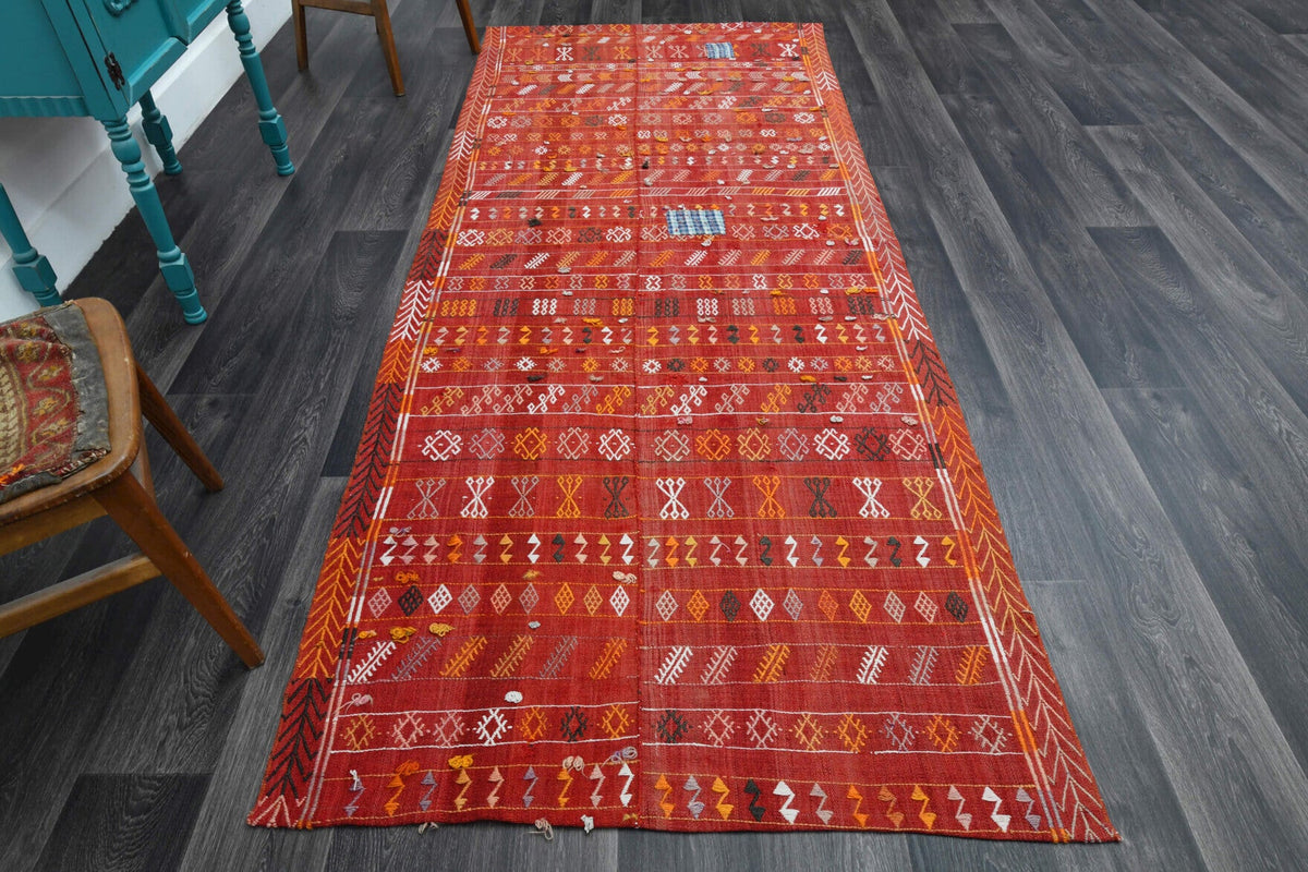 1960'lardan Anadolu kökenli ikat desenli vintage kilim yolluk, 128x309 cm