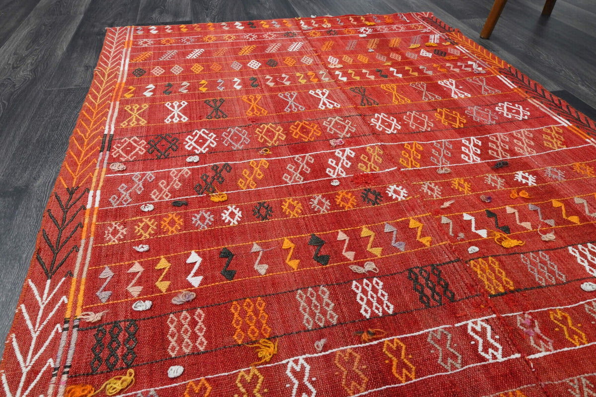 Kırmızı ve turuncu renkli vintage kilim yolluk, %100 yün dokuma
