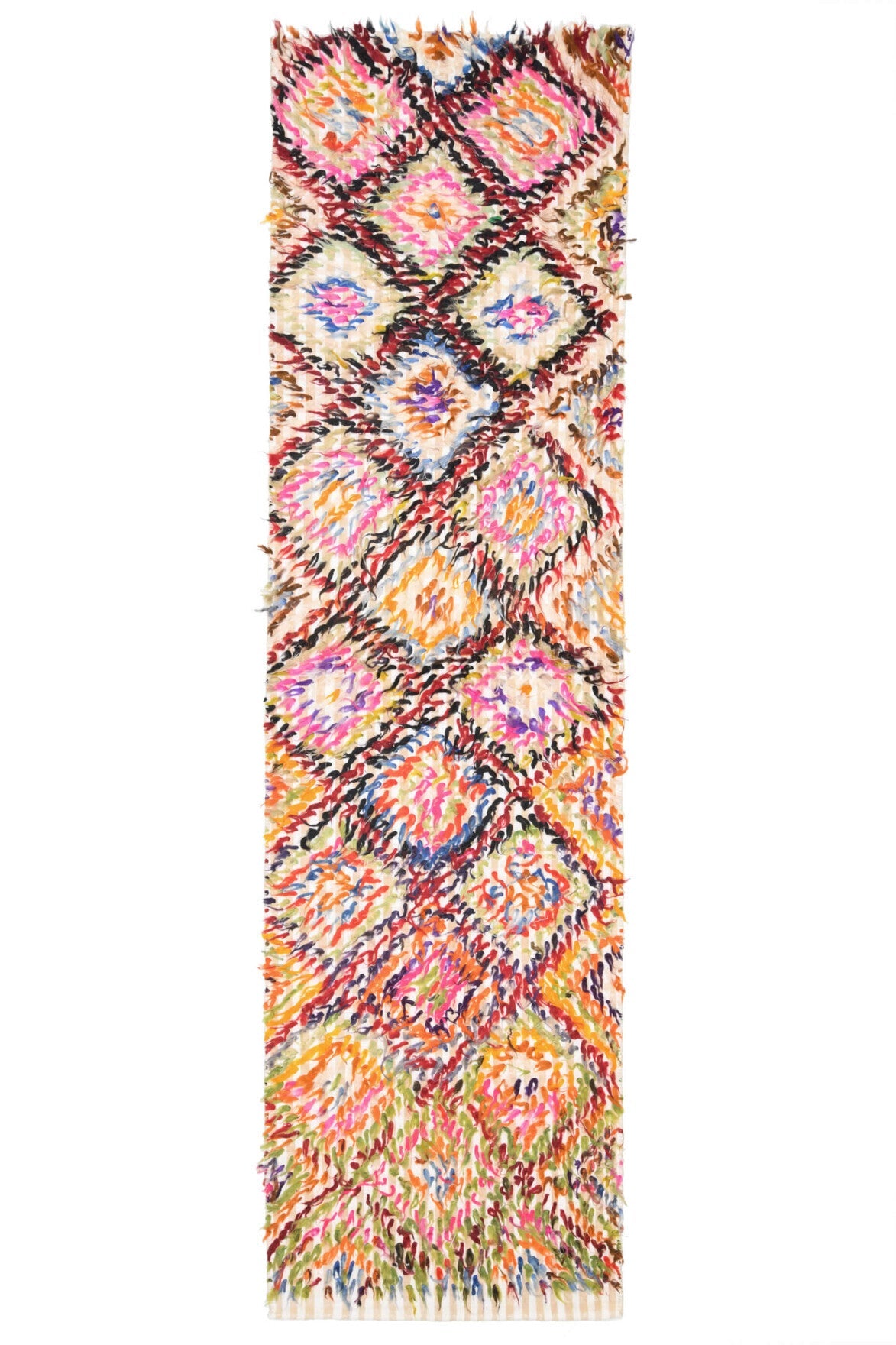 98x355 cm turuncu, pembe ve kırmızı geometrik desenli vintage kilim yolluk – üstten tam görünüm