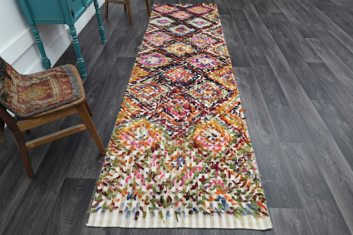 El yapımı vintage yolluk 97x353 cm geometrik desenli yün - detay görünümü