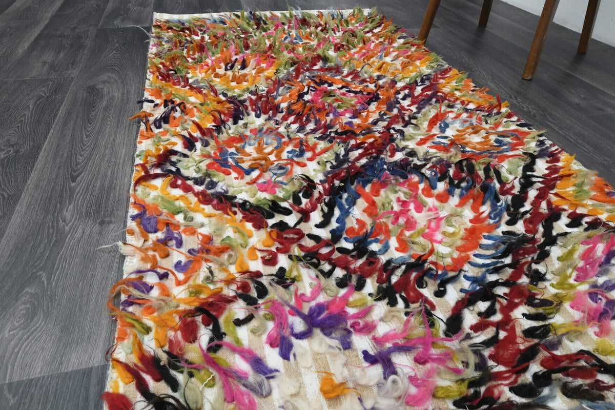 Turuncu, pembe ve kırmızı renkli vintage kilim yolluk, %100 yün dokuma