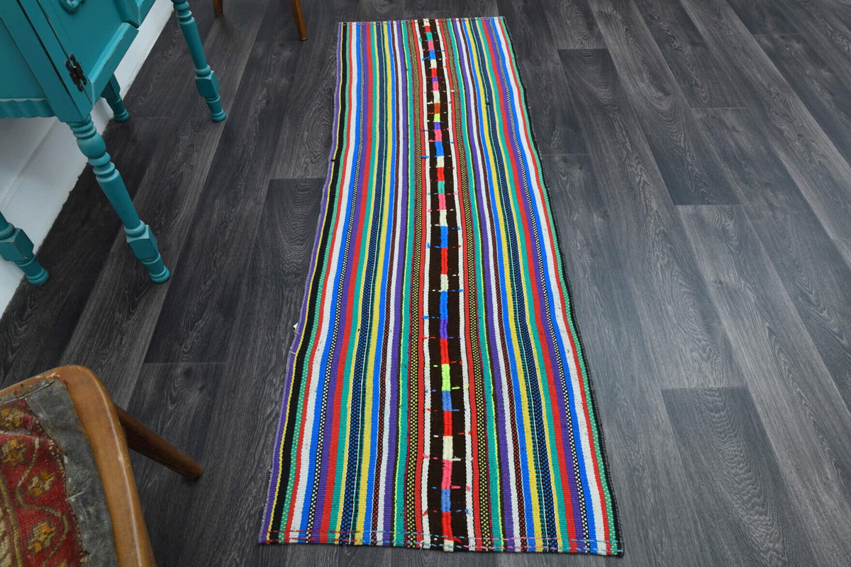El yapımı vintage yolluk 71x208 cm çizgili desenli yün - detay görünümü
