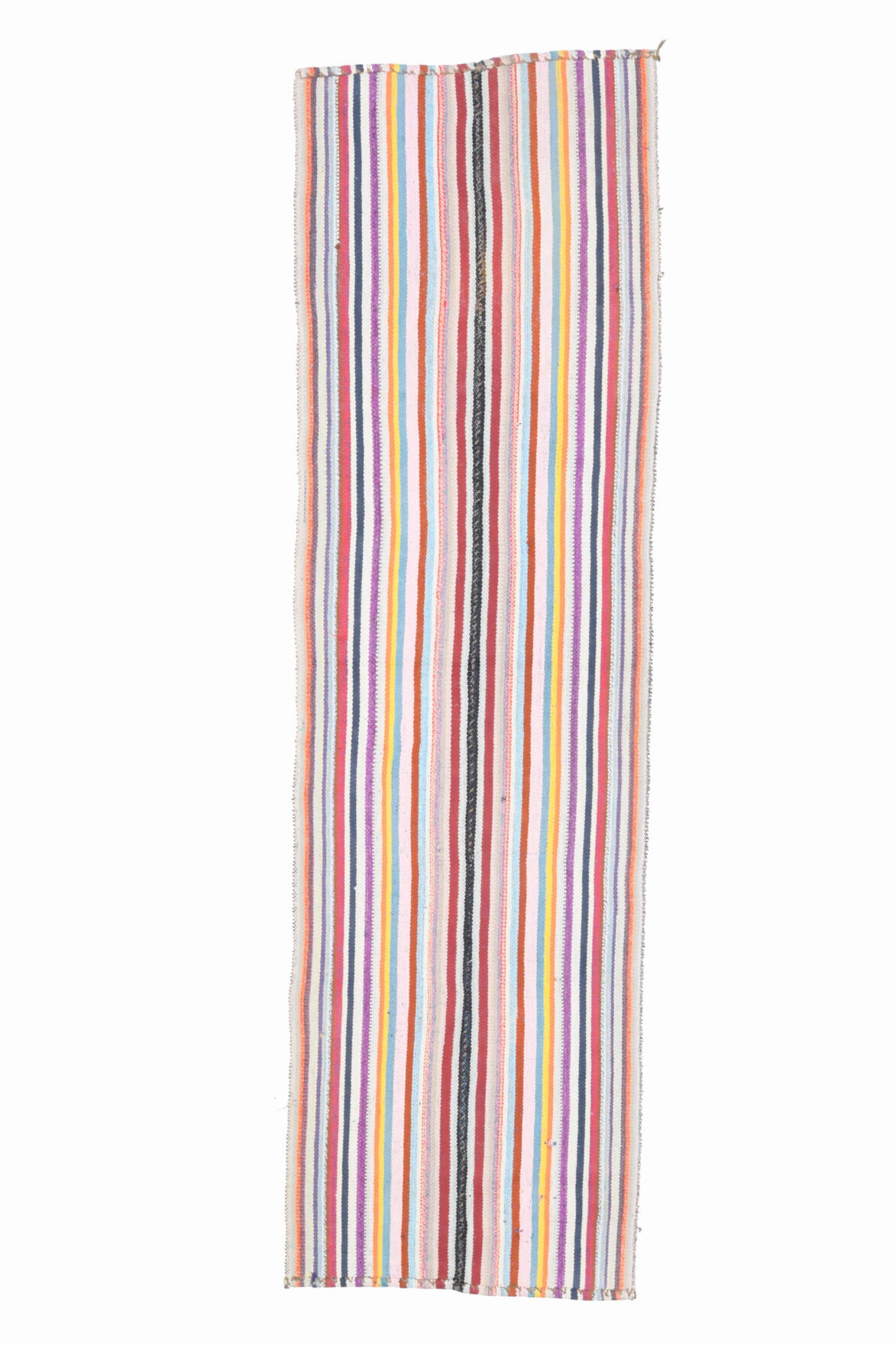 72x246 cm pembe, beyaz ve turuncu çizgili vintage kilim yolluk – üstten tam görünüm