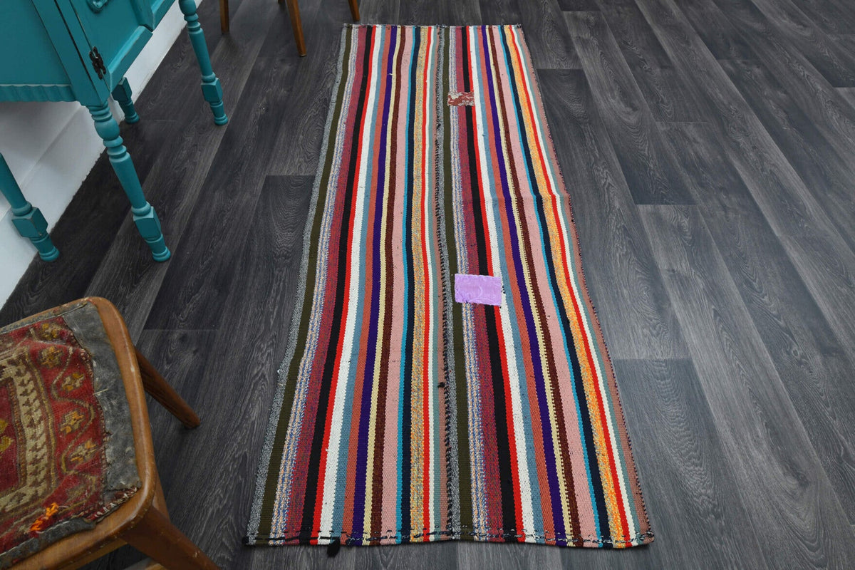 El yapımı vintage halı 81x234 cm çizgili desenli yün - detay görünümü