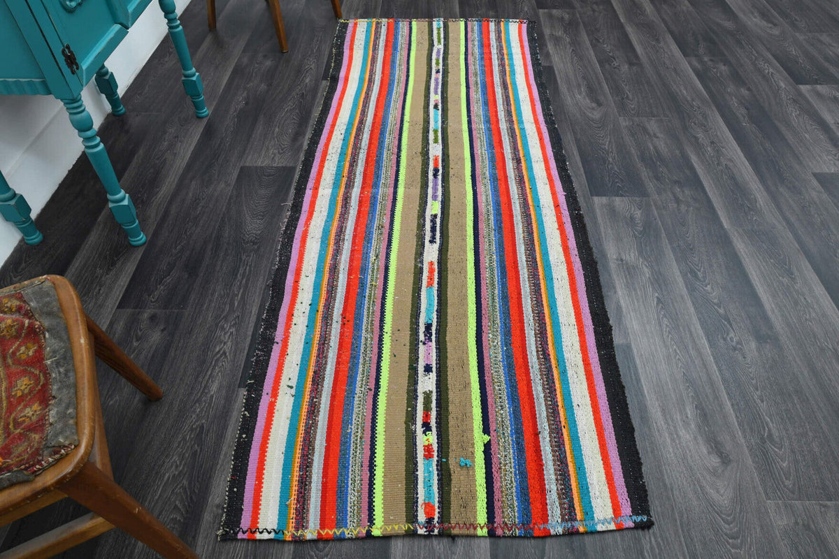 1960'lardan Anadolu kökenli çizgili vintage kilim yolluk, 95x242 cm